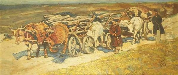 Holztransport. Ochsengespann Mit Fuhrwerken Auf Weiter, Offener Landstrase Oil Painting by Ivan A. Malyutin