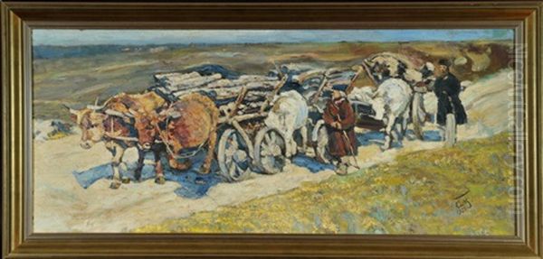 Ochsenfuhrwerk Mit Holz In Russischer Steppe Oil Painting by Sergei Vasilievich Malyutin