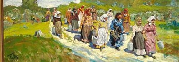 Russian Women With Milk On Their Way To The Market Oil Painting by Sergei Vasilievich Malyutin