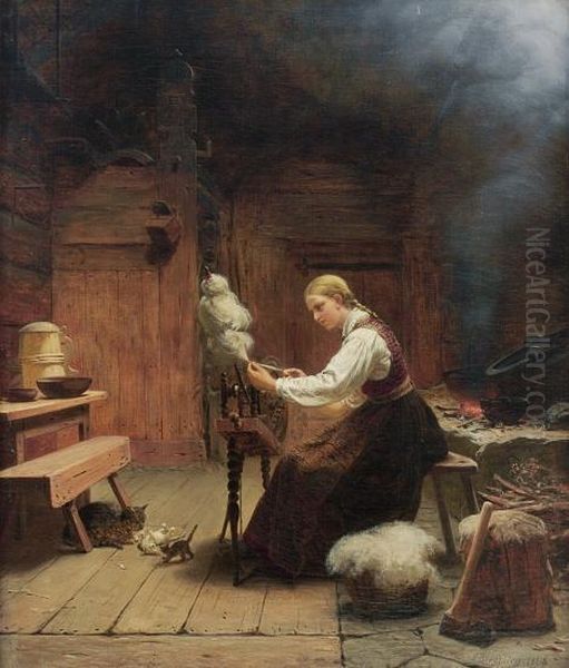 Interior, Woman By A Spinning Wheel 1868 Oil Painting by Knud Bergslien