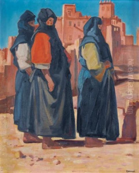 Femmes Devant La Kasbah Oil Painting by Azouaoui Mammeri