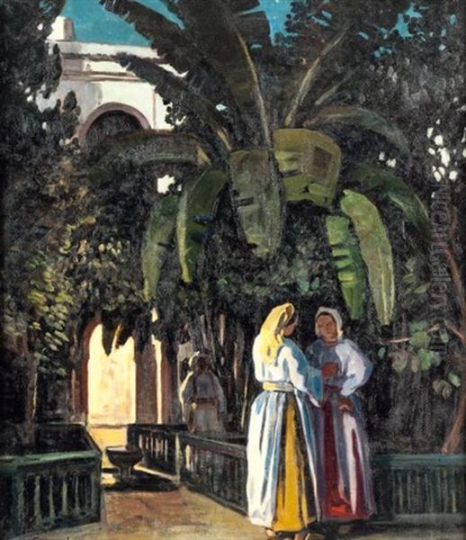 Conversation Au Riadh, Maroc Oil Painting by Azouaoui Mammeri