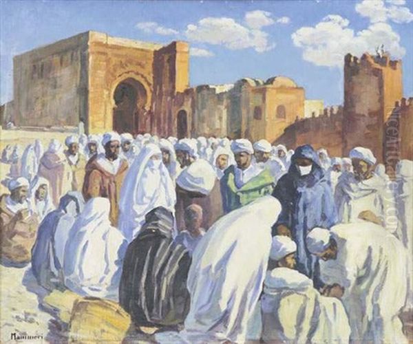 Marche Devant Les Remparts Des Oudayas Oil Painting by Azouaoui Mammeri