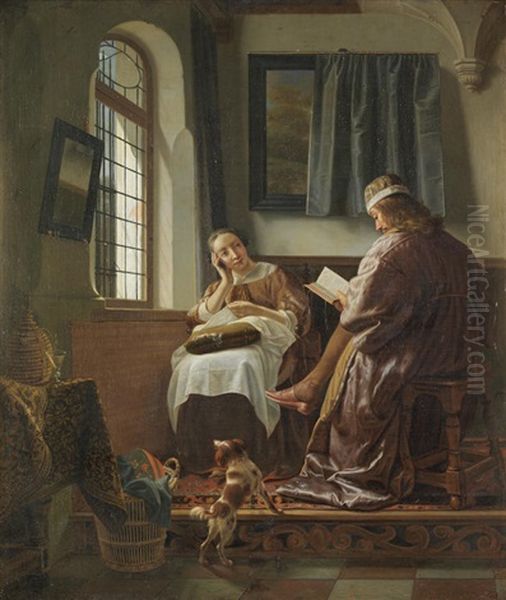 A Lady Sewing And A Gentleman Reading In An Interior Oil Painting by Cornelis De Man