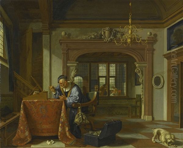 Man Weighing Coins In An Interior, Other Figures In The Room Beyond Oil Painting by Cornelis De Man