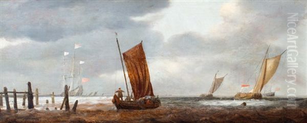 Vissersboten En Driemaster Bij Een Havenhoofd Oil Painting by Cornelis De Man