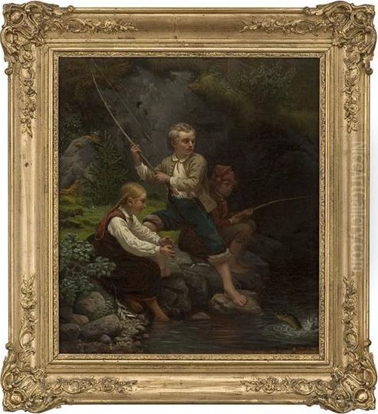 Polefishing Oil Painting by Knud Bergslien