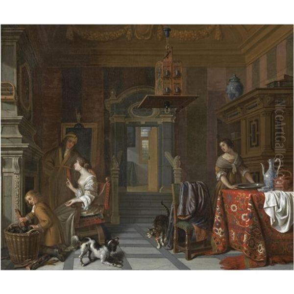 The Interior Of An Elegant Townhouse, With A Lady And Gentleman Beside A Fire, A Servant Stacking Logs And A Maid Beside A Table Oil Painting by Cornelis De Man