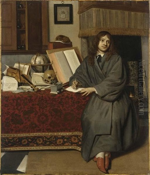 A Portrait Of The Pharmacist Dr Ysbrand Ysbrandsz. In An Interior Oil Painting by Cornelis De Man