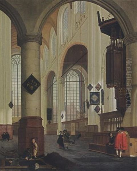 The Interior Of Oude Kerk In Delft, From The Southern Aisle To The Northern Transept, With Elegant Couples, And Men Digging In The Foreground Oil Painting by Cornelis De Man