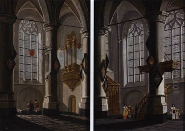 The Interior Of A Church With Figures By An Organ Oil Painting by Cornelis De Man