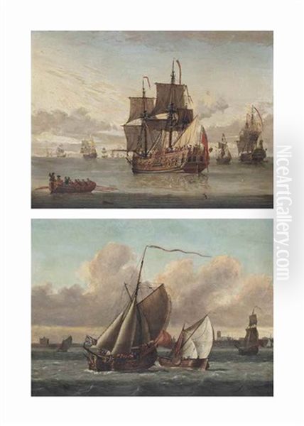 The Royal Yacht Carolina Drifting Into An Anchorage With Dignitaries Being Rowed Out To Meet Her; And An Admiralty Yacht In Crowded Waters In A Stiff Breeze Off Gravesend Oil Painting by L. De Man