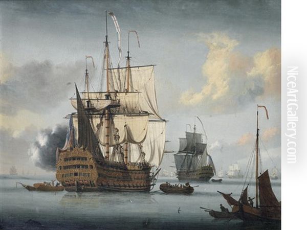 The Flagship Royal Sovereign Saluting At The Nore Oil Painting by L. De Man