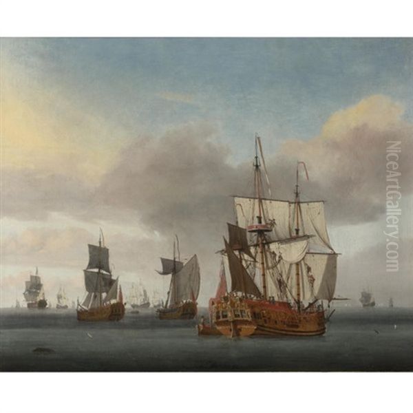 The Royal Yacht Carolina With Other Vessels In Calm Waters Oil Painting by L. De Man