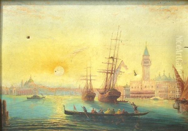 Gondoles Animees A Venise Devant La Place St. Marc Au Coucher Du Soleil Oil Painting by Vincent Manago