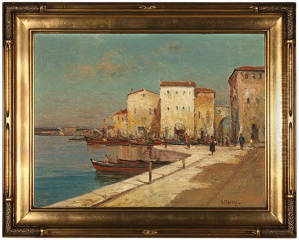 Boats Docked In A European City Oil Painting by Vincent Manago