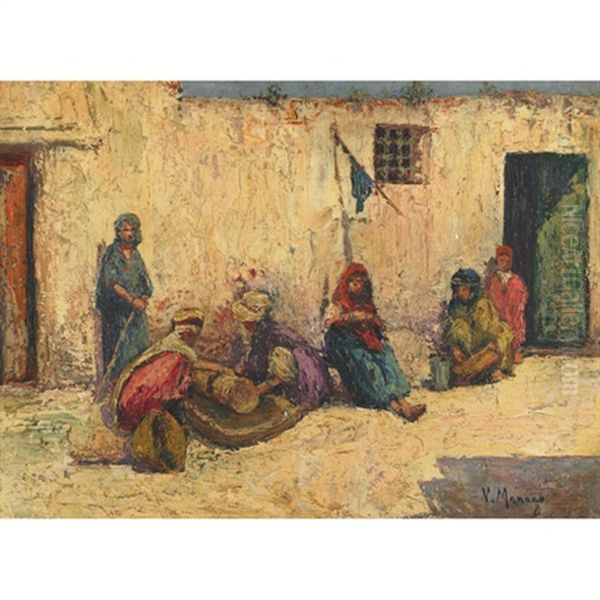 Arab Carpet Merchant Exhibiting His Wares Oil Painting by Vincent Manago