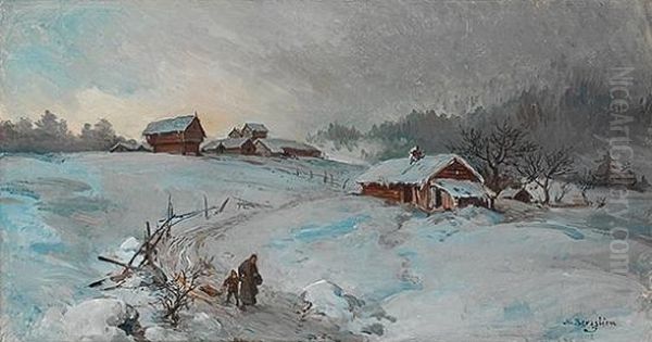 Woman And Child Withsledge In Winter Landscape Oil Painting by Nils Nilsen Bergslien