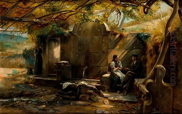 Aldeanos Conversando Junto Al Lavadero Oil Painting by Asterio Mananos Martinez