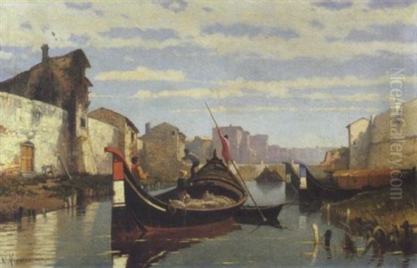 Livorno, Trasporto Sul Canale, 1883 Oil Painting by Ugo Manaresi