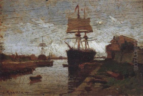 Velieri In Darsena Oil Painting by Ugo Manaresi