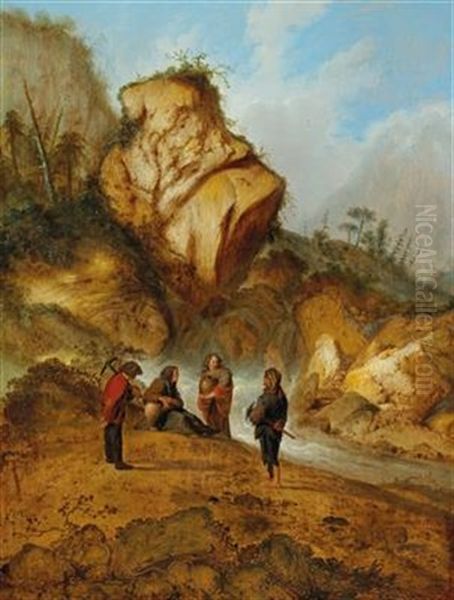 A Rocky Landscape With Miners At A Waterfall Oil Painting by Jacob Sibrandi Mancadan