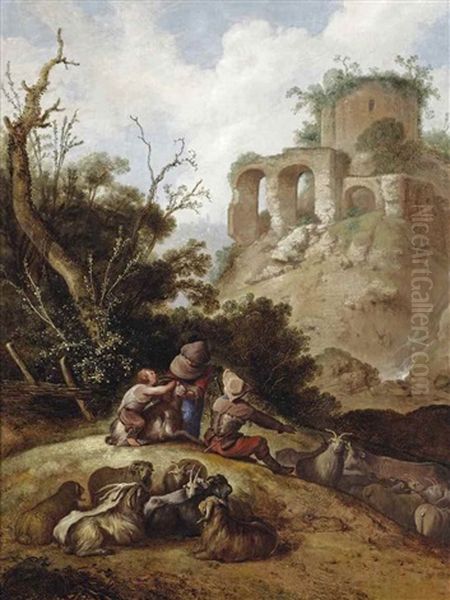 An Italianate Landscape With A Shepherd Family Resting, A Classical Ruin On A Hill Top Beyond Oil Painting by Jacob Sibrandi Mancadan