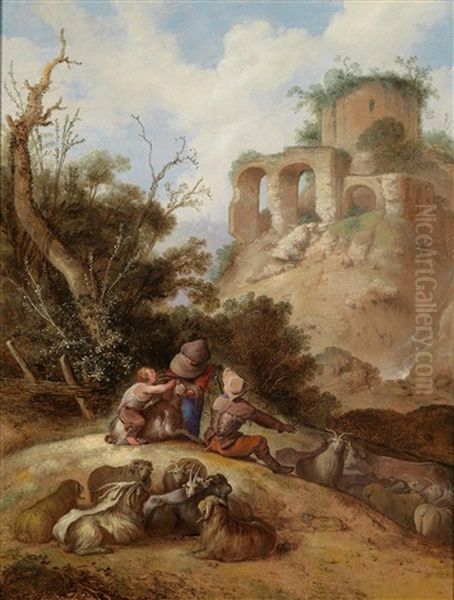 Spielende Kinder Und Eine Ziegenherde In Einer Landschaft Mit Antiken Ruinen Oil Painting by Jacob Sibrandi Mancadan