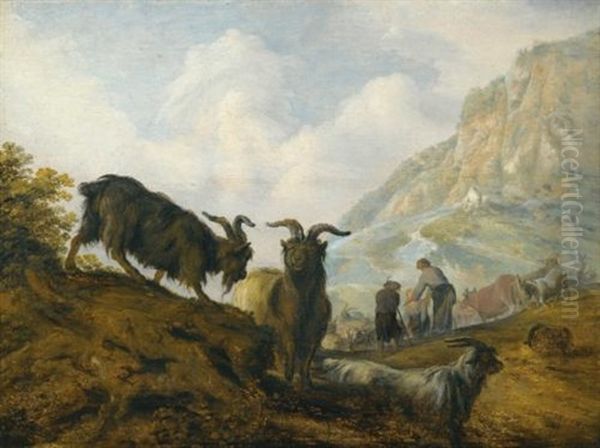 Goats On A Hillside With Herders Beyond Oil Painting by Jacob Sibrandi Mancadan