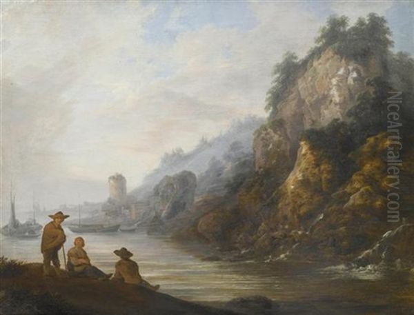 Flusslandschaft Mit Figuren Im Vordergrund Oil Painting by Jacob Sibrandi Mancadan