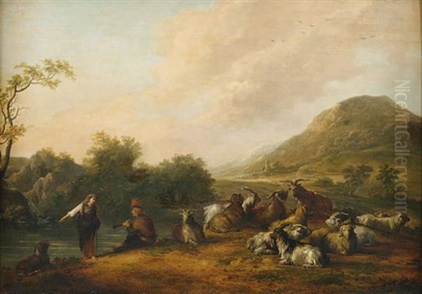 Le Berger Et Son Troupeau Et Un Musicien Oil Painting by Jacob Sibrandi Mancadan