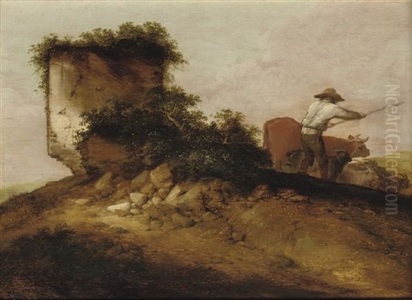 A Rocky Landscape With A Herdsman Tending His Cattle And Goats Oil Painting by Jacob Sibrandi Mancadan