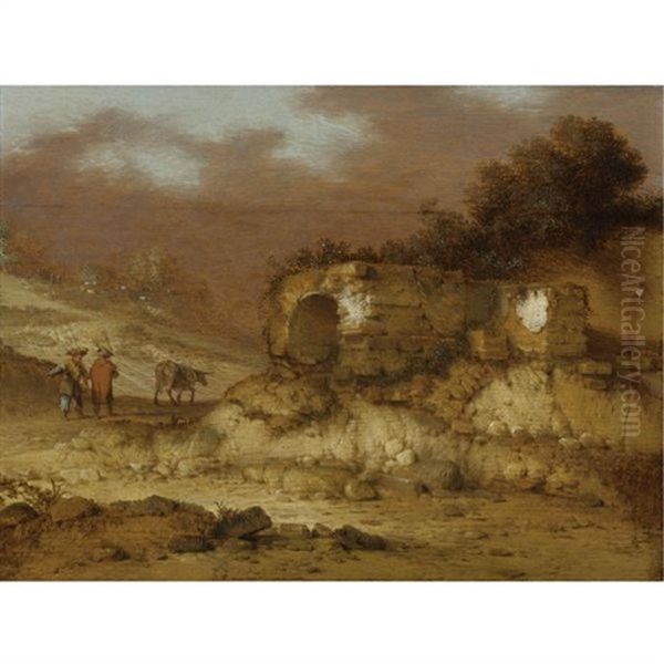 A Landscape With Ruins And Figures Driving A Donkey Oil Painting by Jacob Sibrandi Mancadan