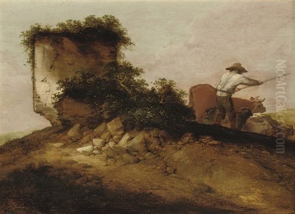 A Rocky Landscape With A Herdsman And His Cattle And Goats Oil Painting by Jacob Sibrandi Mancadan