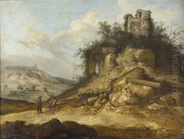 Figures On A Country Path, Ruins On A Rocky Outcrop Oil Painting by Jacob Sibrandi Mancadan