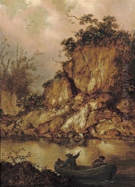 A Rocky River Landscape With Two Hunters In A Rowing Boat Oil Painting by Jacob Sibrandi Mancadan