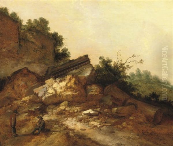 A Rocky Landscape With Two Peasants Conversing Near Classical Ruins Oil Painting by Jacob Sibrandi Mancadan