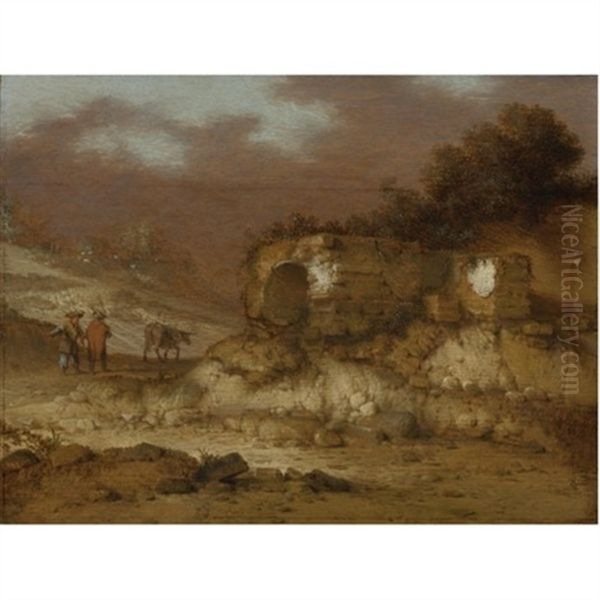 A Landscape With Ruins And Figures Driving A Donkey Oil Painting by Jacob Sibrandi Mancadan