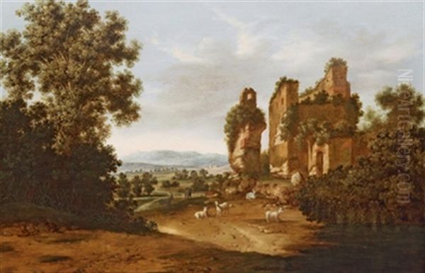 Ruinenlandschaft Mit Schafherde Oil Painting by Jacob Sibrandi Mancadan