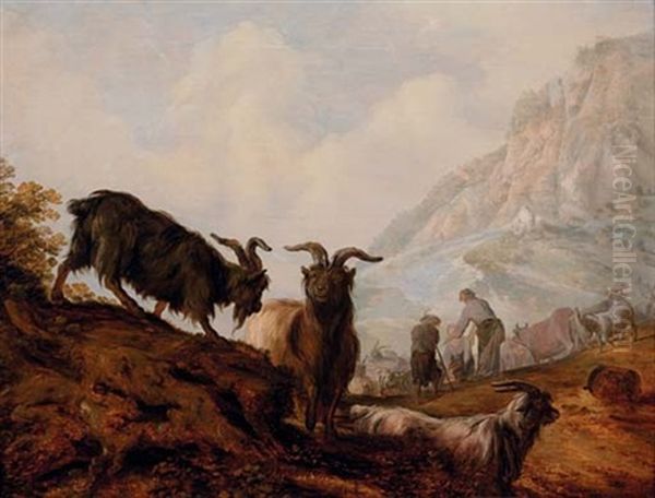 Peasants And Goats In A Mountainous Landscape Oil Painting by Jacob Sibrandi Mancadan