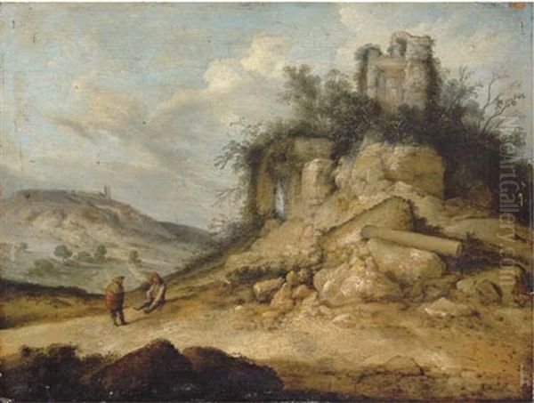 A Rocky Landscape With Travellers Resting Beside Ruins Oil Painting by Jacob Sibrandi Mancadan