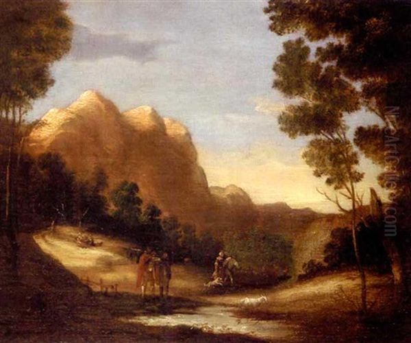 A Landscape With Travellers And Peasants Along A Path Oil Painting by Jacob Sibrandi Mancadan