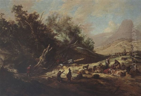 A Hilly Landscape With Shepherds And Their Herd Near A Stream Oil Painting by Jacob Sibrandi Mancadan