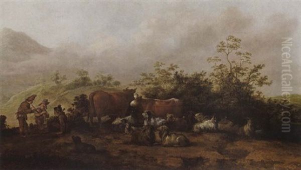 Shepherds Resting With Their Cattle, Goats And Dog In A Hilly Landscape Oil Painting by Jacob Sibrandi Mancadan