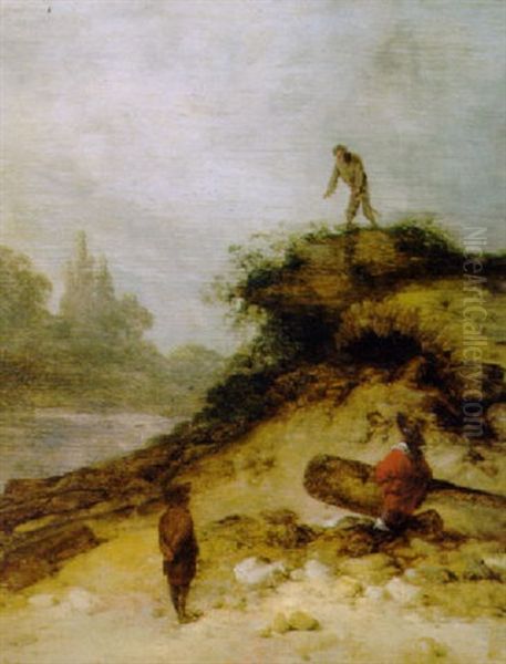 Travellers By A Wooded Outcrop, In An Italianate Landscape Oil Painting by Jacob Sibrandi Mancadan