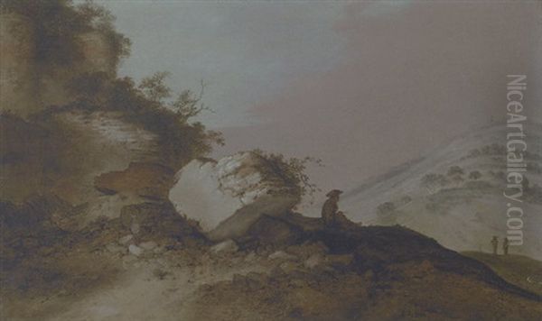 An Extensive Rocky Landscape  With A Traveller Resting On An Outcrop Below A Castle Oil Painting by Jacob Sibrandi Mancadan