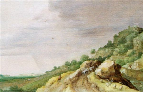 Bergers Et Troupeau Cheminant Sur Une Route De Campagne Oil Painting by Jacob Sibrandi Mancadan