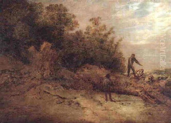 A Woodcutter Standing On A Felled Tree Conversing With A Companion Oil Painting by Jacob Sibrandi Mancadan