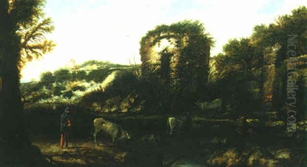 A Landscape With Ruins And Herdsman With Cattle By A Stream Oil Painting by Jacob Sibrandi Mancadan