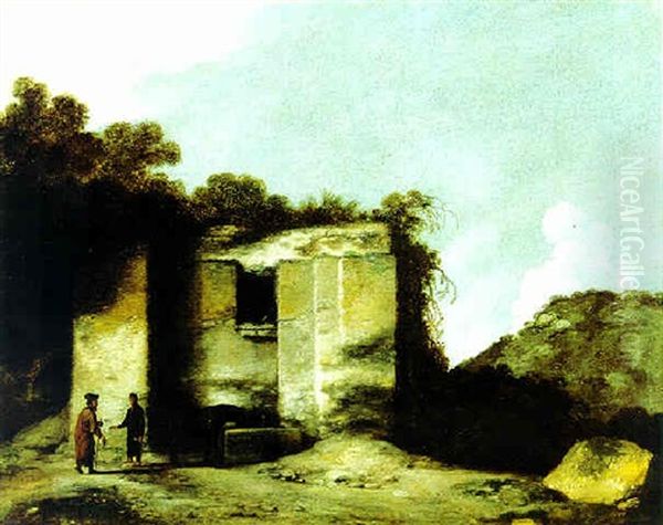 Zwei Manner Vor Einer Ruine In Einer Landschaft Oil Painting by Jacob Sibrandi Mancadan